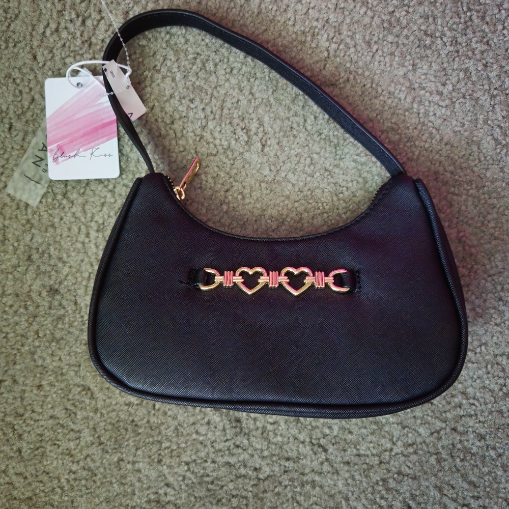 Blush Kiss Black Shoulder Bag with Gold Heart Accents NWT | Kids, Women, Simple